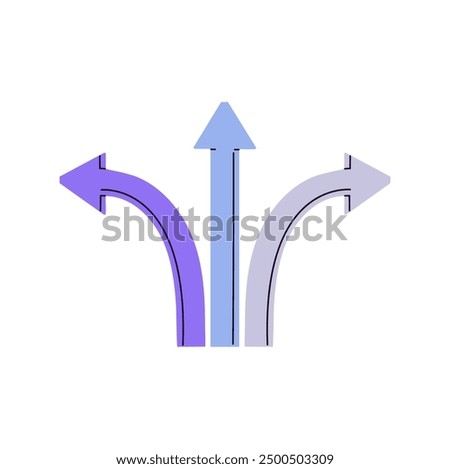 Road pointer with 3 arrows pointing direction: left, right, forward. Triple sign of fork. Option, choice of path. Split signpost showing turn of way. Flat isolated vector illustration on white