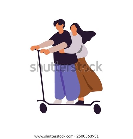 Romantic couple drives on electric kick scooter together. Happy friends ride on urban eco transport. Girlfriend holds on waist of boyfriend walk. Flat isolated vector illustration on white background