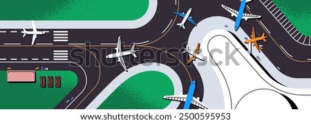 Airport runway with aircrafts top view. Aviation banner. Overhead of terminal for flight, landing and take off of airplanes. Airdrome with planes on airstrips background. Flat vector illustration.