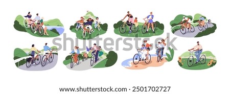 People travel by bike set. Friend have fun, ride bicycle at nature together. Happy family, kids cycling outdoors. Bicyclists drive in park. Flat isolated vector illustrations on white background.