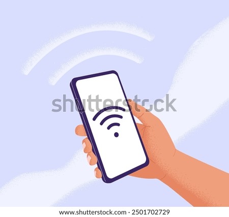 Smartphone with Wi Fi symbol on screen. Mobile phone in hand searching available WIFI connection. Wireless internet concept. Free access to hotspot through telephone. Flat vector illustration.