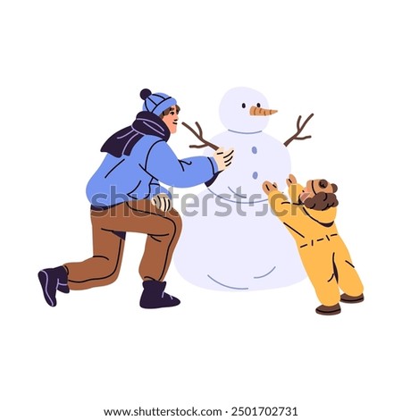 Image, Stock Photo Happy snow family, built of snow and dirt on big meadow, leaning because it is already too warm