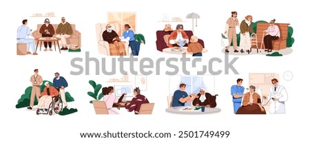 Assistance to old men and women set. Young people help, walk with granny, grandfather. Carers care about seniors health in hospital. Nursing home, service. Flat isolated vector illustrations on white