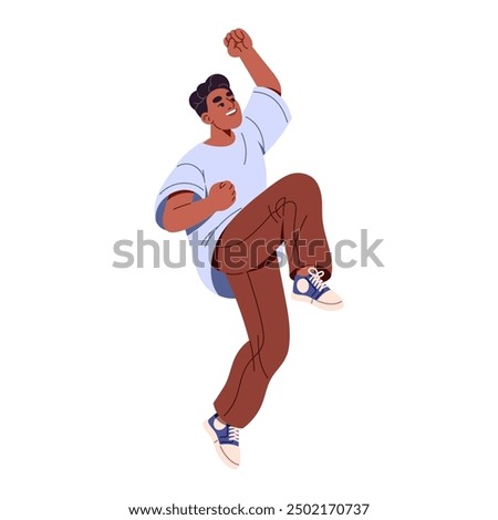 Happy black man hands up, jumps for joy. Employee celebrates success in business. Winner rejoices at win, victory. Positive boy has fun, smiles. Flat isolated vector illustration on white background