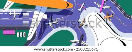 Runway strip with aircrafts top view. Plane flying above airport. Overhead of landing airstrip, airplanes terminal. Aviation banner. Air flight with aerodrome background. Flat vector illustration