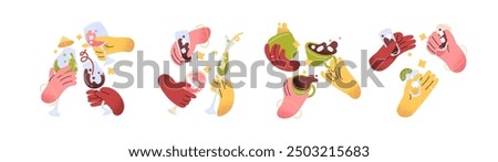 People hold glasses in hands set. Friends celebrate with different drinks at party, cheers with alcohol beverages, cocktails, coffee cups. Flat isolated vector illustrations on white background