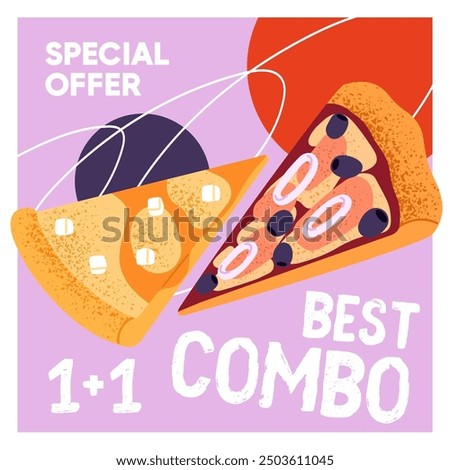 Special offer on pieces of pizza in Italian cuisine restaurant. Discount coupon template of price off of fast food. Design of pizzeria gift voucher. Ad flyer with sale. Flat vector illustration