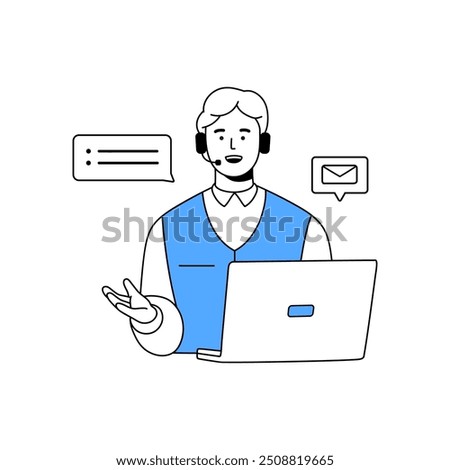 Call center operator helps clients. Worker of online support service in headset talks with customers. Employee works at helpdesk, complaint hotline. Flat isolated outline vector illustration on white