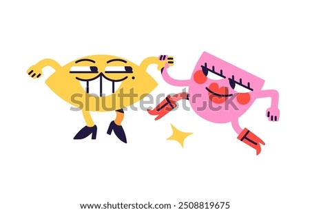 Abstract happy geometric shapes dance with passion, holding hands. Comic romantic couple of figures has fun together. Funny characters smile, rejoice. Flat isolated vector illustration on white