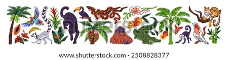 Set of exotic flora and fauna. Different jungle animals and plants: jaguars, monkeys, crocodiles, snakes, palm tree. Tropical, rainforest nature. Flat isolated vector illustrations on white background