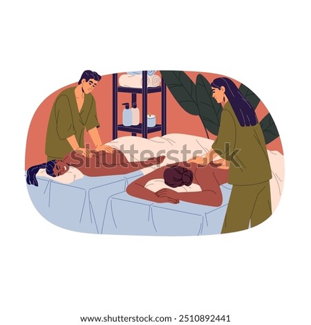 Women care about body, relax on couch during massage in SPA center. Girls get treatment of back from masseurs. Friends get beauty procedure together. Flat isolated vector illustration on white