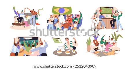 Football fans support teams set. Friends watch soccer match on TV, in sport bar. Men and women rejoice at game, celebrating goal together. Flat isolated vector illustrations on white background