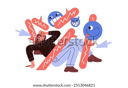 Cyber bulling concept. Girl cries from angry messages, bully in social networks. Teenager suffers from harassment, abuse, violence in internet. Flat isolated vector illustration on white background