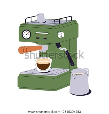 Coffee machine with cup of espresso icon. Modern kitchen utensil for cooking hot drinks in cafe. Coffe maker with mug. Appliance for preparing beverages. Flat isolated vector illustration on white