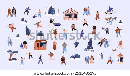 Tiny people have fun in winter set. Friends outerwear play snowball, ski, make snow angels outdoor in Christmas season. Crowd walking, ride sled, skates at Xmas time. Flat isolated vector illustration