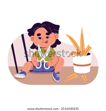 Naughty child plays with sharp objects home alone. Cute curious kid has fun, cuts houseplants with scissors. Baby dangers indoor, accident risk. Flat isolated vector illustration on white background