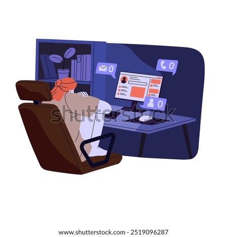 Loneliness in internet concept. Sad single girl sits at computer, waits message in social networks. Depressed lonely teen has no friends online. Flat isolated vector illustration on white background