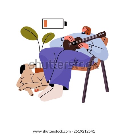 Tired author with creative burnout has no ideas. Sad musician with crisis, low energy. Person with guitar is in work depression, frustration. Flat isolated vector illustration on white background