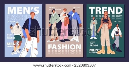 Designs of fashion magazine cover set. Templates of posters with men in trendy outfits. Stylish persons, trendsetters wearing brands' clothes are on pages. Male vogue. Flat vector illustrations