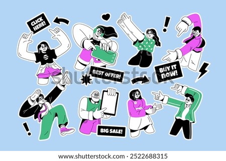 People advertising sales, discounts set. Characters pointing with fingers up, down, side. Men, women presenting, showing with hands, call to action. Flat isolated line art vector illustrations