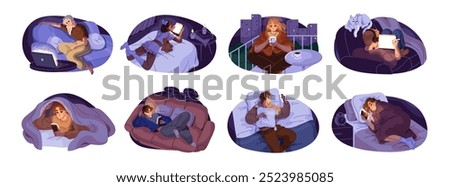 People in devices at night set. Young men and women with insomnia using phone, laptop, tablet in bed. Characters with smartphones before sleep. Flat isolated vector illustrations on white background