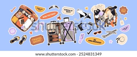 Sticker pack for plane travel. Set of open suitcases, hand baggage, luggage for journey. Bags are full of clothes, bikini, documents for summer vacation tour. Flat isolated vector illustrations