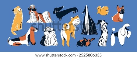 Stylized dogs set. Cute doggies: akita, basset hound, spitz, dalmatian. Funny puppies of poodle, dachshund, french bulldog. Pets of different canine breeds. Flat isolated drawing vector illustrations.