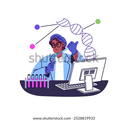 Medical worker in uniform analysis DNA spiral in chemical lab. Scientist does scientific research, tests in science laboratory. Chemist works with tubes. Flat isolated vector illustration on white