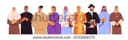 People with different religions. Row of Christian, Muslim, Buddhism, Judaism clergy. Diverse religious cultures. Various holy monk, priest stand together. Flat isolated vector illustration on white