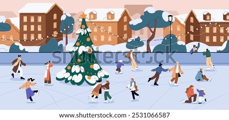 People skate around Christmas tree with garland on city square. Happy families with kids, couples, friends have fun on ice rink at Xmas, New Year. Outdoor winter activity. Flat vector illustration