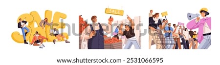 Sale concept set. People ready for shopping on Black Friday. Girl with megaphone announce discounts, price off, special offer on purchases for customers. Flat isolated vector illustrations on white