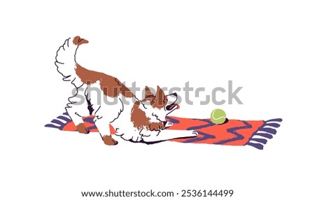 Happy dog bring ball to play, wags tail on carpet. Cute puppy has fun with toy. Amusing energetic pup. Playful pet, domestic animal, furry friend. Flat isolated vector illustration on white background