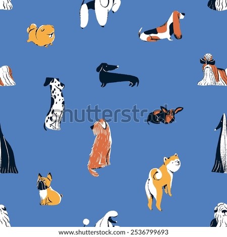 Repeatable pattern of drawing dogs. Endless background with different canine breeds: akita, bulldog, dachshund, poodle, spitz. Funny doggies, cute puppies, pets. Flat seamless vector illustration