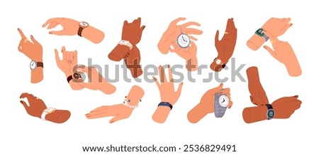 Hands with wristwatches set. Different modern and vintage watches. Clock gear with wristband on wrist. Accessories with bracelet to measure time. Flat isolated vector illustrations on white background