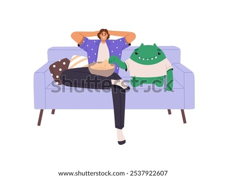 Lazy person with bad self discipline delays business and has a rest on couch, watches TV. Careless man postpones work and relax. Procrastination concept. Flat isolated vector illustration on white