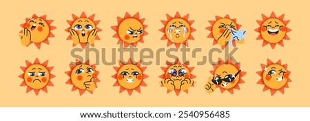 Funny sun with different emotions on face set. Cute character cries, winks, smiles. Various facial expressions: happy, sad, angry, bored, thinking emojis, emoticons. Flat isolated vector illustrations