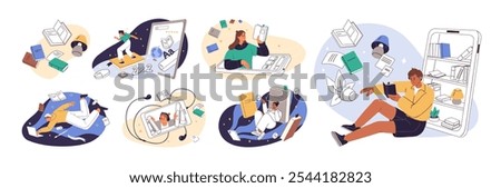 Concept set of ebooks' library and online education. People reading books with smartphone, laptop. Reader learning digital literature by phone. Flat isolated vector illustrations on white background