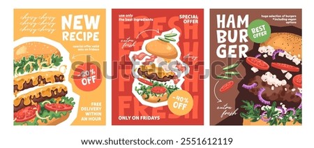 Designs of fast food vouchers, gift cards set. Templates of discount coupons with special offer, price off of hamburgers. Sale flyers of burgers in fastfood restaurant. Flat vector illustrations