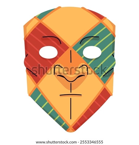 Ornamented Venetian Bauta mask. Golden facial accessory for festive masquerade. Carnival disguise for Mardi Gras. Squared theater masque for face. Flat isolated vector illustration on white background