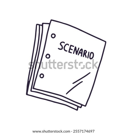 Outline icon of scenario for play, theater performance. Script for theatre, film. Heap, pile of paper pages with text for movie, cinema, show. Flat isolated vector illustration on white background