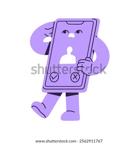 Worried smartphone mascot communicates by cellular. Confused telephone talks on the phone. Cellphone character with incoming call from unknown on screen. Flat isolated vector illustration on white