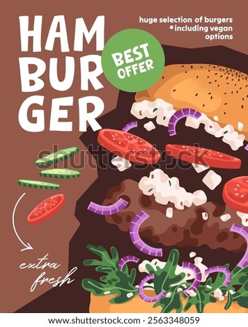 Special offer of hamburger in fastfood restaurant. Design of fast food voucher, gift card with price off. Template of flyer, leaflet with sale, discount of American burgers. Flat vector illustration