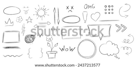 Hand drawn scribbles frame, text box, speech bubbles, arrows, crown, flower  set. Outline design elements