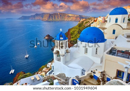 Similar – Image, Stock Photo Oia village at sunset, Santorini island, Greece.