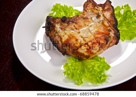 Appetizing stake with vegetables. Shish kebab