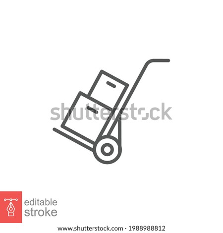 Box trolley line icon, move truck cargo carrier, bag cart delivery, flat luggage suitcase. Packaging Symbol. Hand truck with box editable stroke vector illustration design on white background. EPS 10