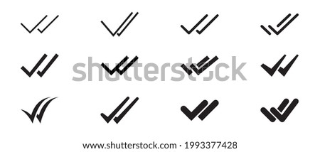 Double checking in different style for confirm approval. Two arrow for Valid seal sign. Checklist completed logo. Double check mark icon set. Vector illustration. Design on white background. EPS 10