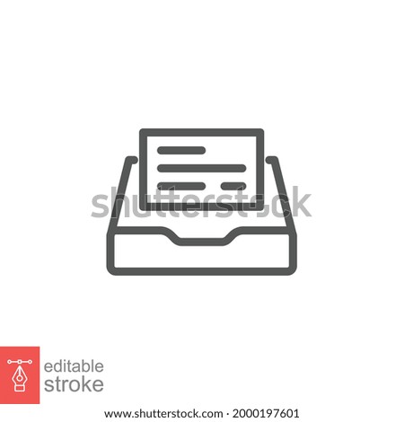 Documents drawer icon. Open new mail. Cabinet archive, file drawer, office storage, business document inbox, paper drawer. Line Editable stroke Vector illustration. Design on white background. EPS 10