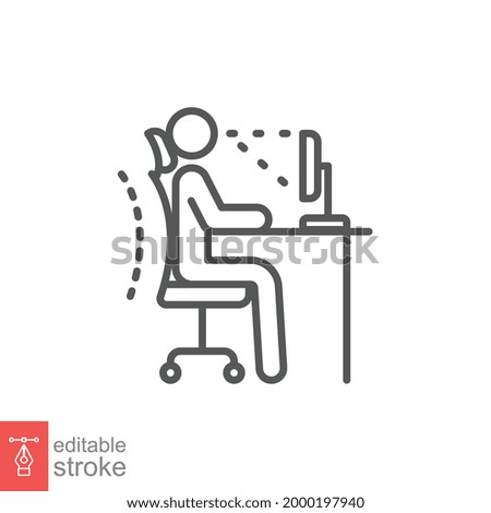 Ergonomic workplace icon. Computer desk workstation infographic correct postures office syndrome of back body position for spine, neck care, eye sight . Editable stroke Vector illustration. EPS 10