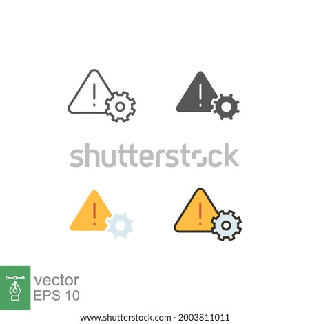 System error and not working sign. Settings icon with exclamation mark in triangle with gear wheel. Industry Problem. Gear, setting, warning icon. Vector illustration. Design on white background EPS10